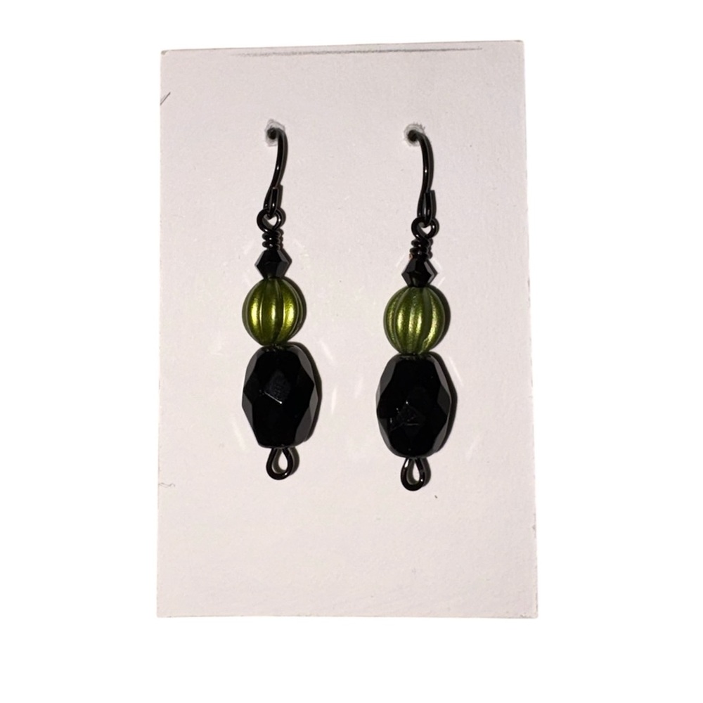 Handmade Black and Green Beaded Earrings
